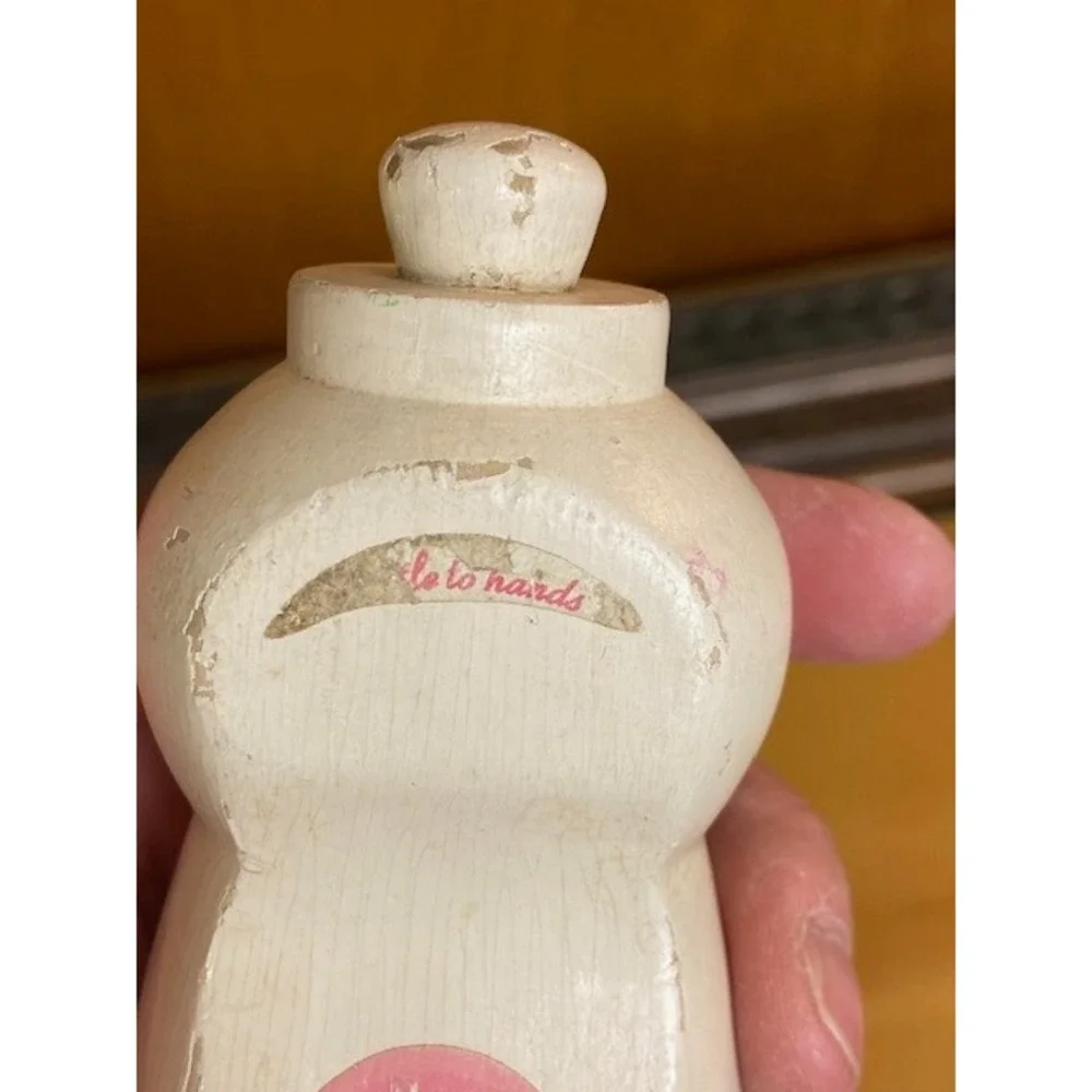 Vintage Wooden Play Food Dish Soap Bottle Pink Floral Label Kitchen Toy 5 Inch